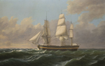 Sailing ship traverses wavy ocean under cloudy sky.