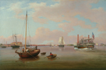 Three men work on a sailboat near a man rowing a rowboat. A crowded steamboat approaches ships in the distance.