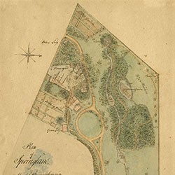 Bird's eye perspective of property delineating winding roads, trees, buildings, and water