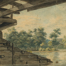 Landscape view of water and tree-lined river banks from under wooden bridge. Bridge and pylons also visible