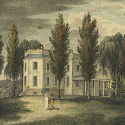 Woman holding parasol and boy stroll on grounds of two storied building located within tree grove next to water