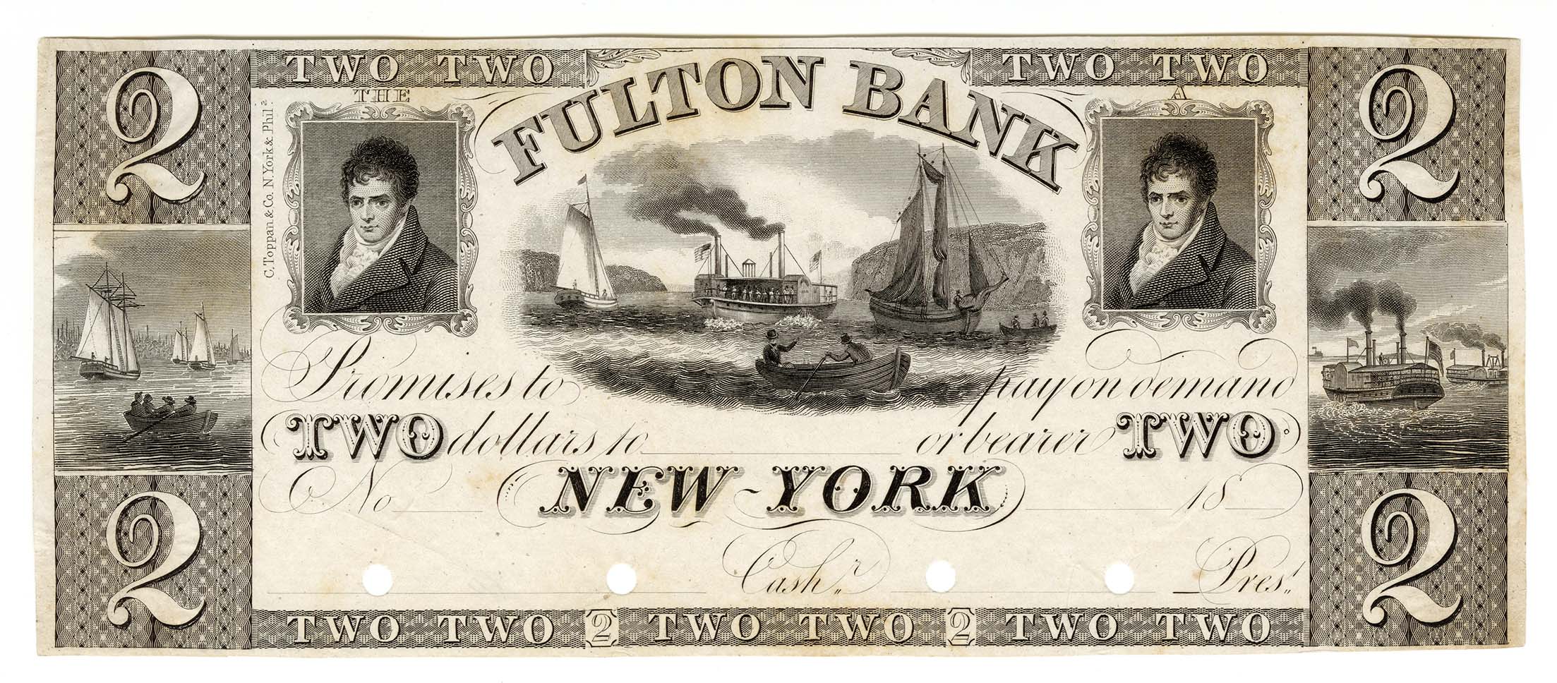 Engraved two dollar banknote with the portrait of Robert Fulton and three vignettes of ships in water.