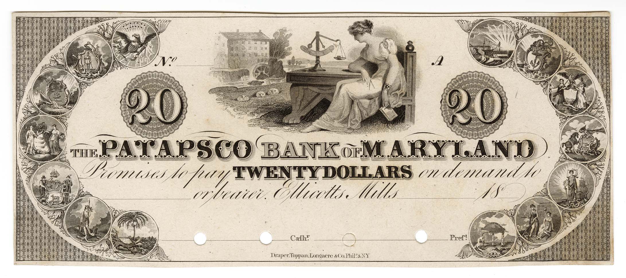 Engraved twenty-dollar banknote with a woman sitting at a desk outdoors using a scale.