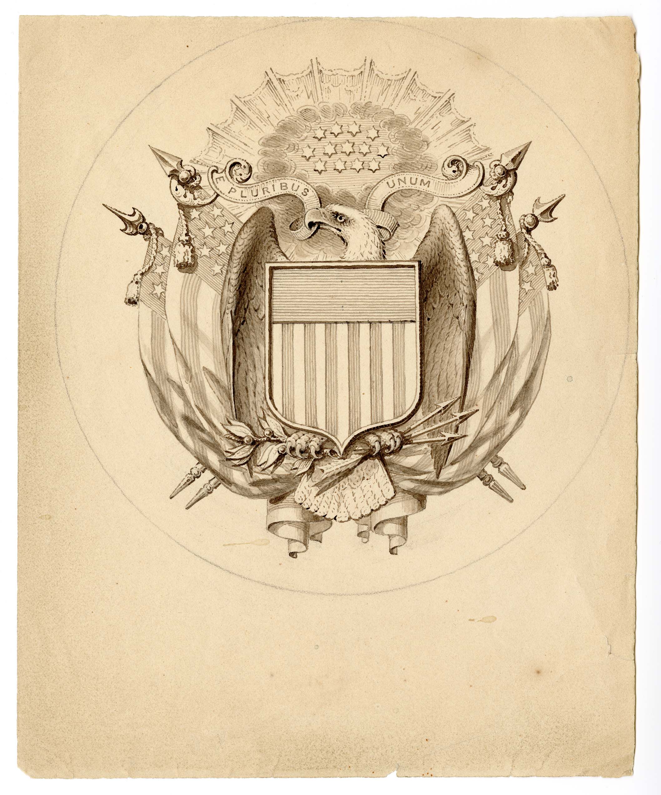 Pencil drawing of a bald eagle holding an olive branch and arrows with a shield, American flags, and thirteen stars.
