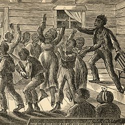 A black and white drawing of enslaved people dancing
