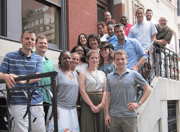 For Educators button: Black and white teachers standing on front steps of the Library Company building Cassatt House.