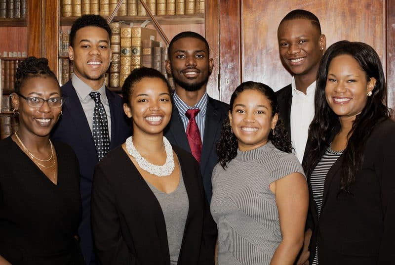 2017 Mellon Scholars. Back left to right: Andrew Aldridge, Nafeece Beeks, and Amos Tarley. Front left to right: Ashley Council, Camara Brown, Lucero Smith, and Abi Bernard