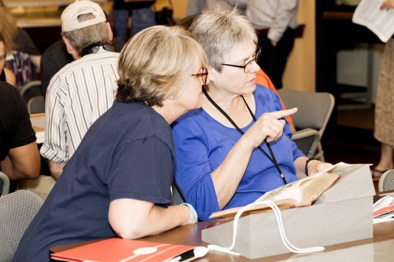 2019-07-31-teacherswkshp-26 Two Seminar participants look over Library Company Collections