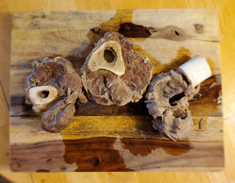 Boiled beef shins removed from stockpot