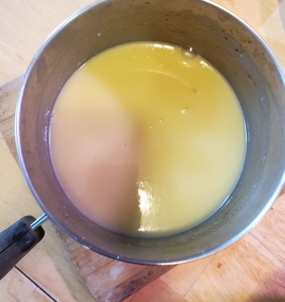 Ingredients in pot, smoothly incorporated.