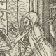 The Abbess, being dragged by Death from her nunnery looks far from ready to meet her maker, woodblock print from The Dance of Death by the German artist Hans Holbein (1497–1543).