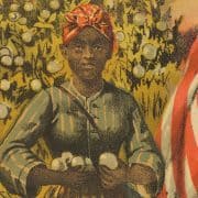 Print depicting an African American woman, holding cotton, next to an American flag.