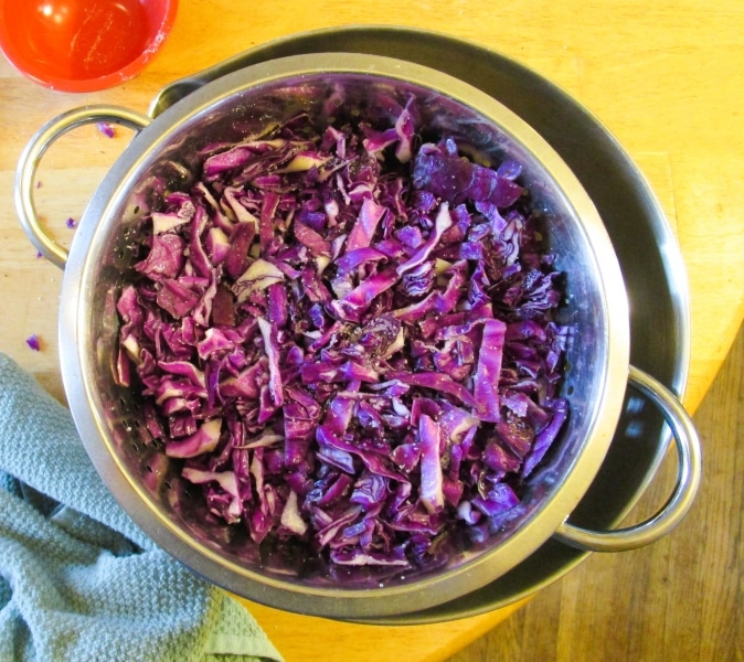 Shredded cabbage, salted and draining