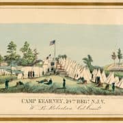 Rows of white tents surrounding American flags. Men in blue uniforms stand and lounge nearby.