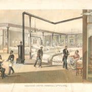 Hospital filled with rows of beds and one white man and one Black man attending three white soldiers with different injuries.