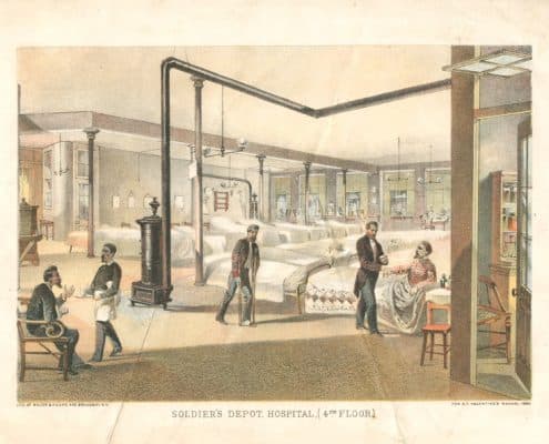 Hospital filled with rows of beds and one white man and one Black man attending three white soldiers with different injuries.