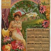 1883 color-printed calendar showing white woman in sleeveless dress and bonnet sitting in a garden.