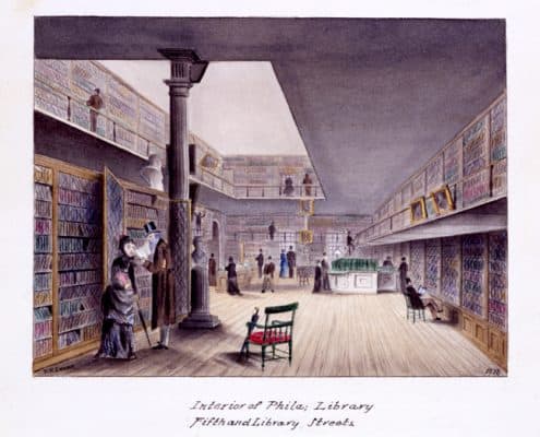 19th-century white men and women browse books in the two-story Library Company building. Bookshelves line the walls. One man sits reading.