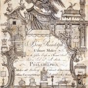 18th-century advertising print for furniture maker. Eagle, furniture, and ornaments around lines of text.