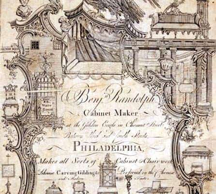 18th-century advertising print for furniture maker. Eagle, furniture, and ornaments around lines of text.