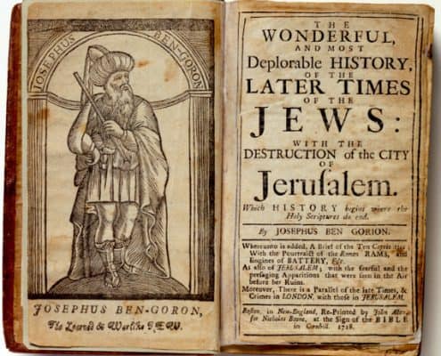 Title page with facing illustration of Josephus Ben-Goron wearing robe, sandals and holding a baton.