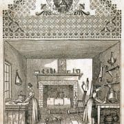 Book illustration of a domestic scene of two women working in a kitchen. Scene bordered by decorative patterns.