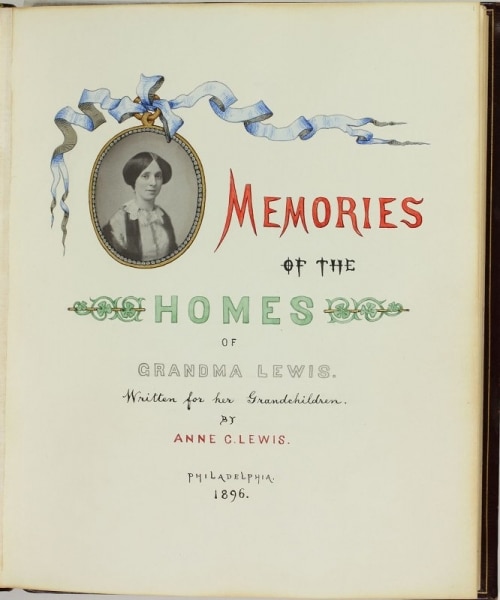Anne C. Lewis, Frontispiece in Memories of the Homes of Grandma Lewis, 1896. Library Company of Philadelphia, P.9829.2.