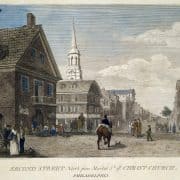 Detail of late 18th-century, hand-colored print of busy Philadelphia street scene with man on horseback and several pedestrians.