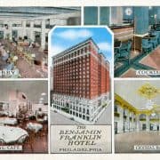 Collage of images of The Benjamin Franklin Hotel: exterior, lobby, cocktail bar, Coral Cafe, and Crystal Ballroom.