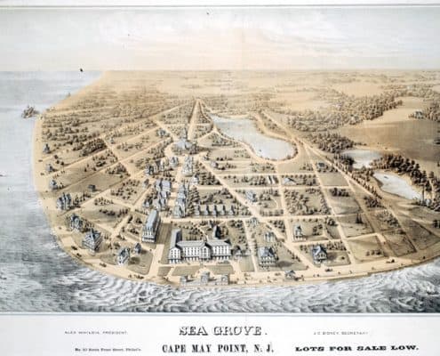 Bird's eye view of Cape May showing lots of land, buildings, trees, and ponds.