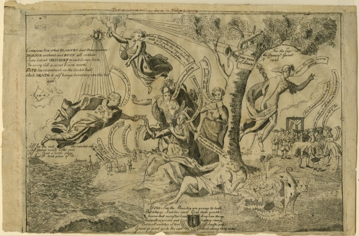 Wilkinson after John Singleton Copley, [The Wretched State of the Nation] (Philadelphia, January 20, 1766). Etching. Pierre Eugene Du Simitière Collection.