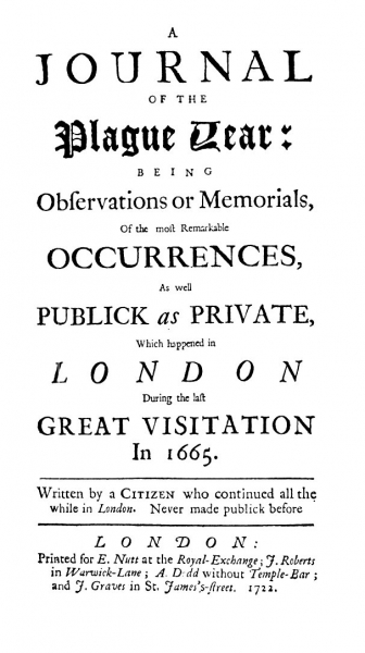 Title page of the original edition of Daniel Defoe's A Journal of the Plague Year