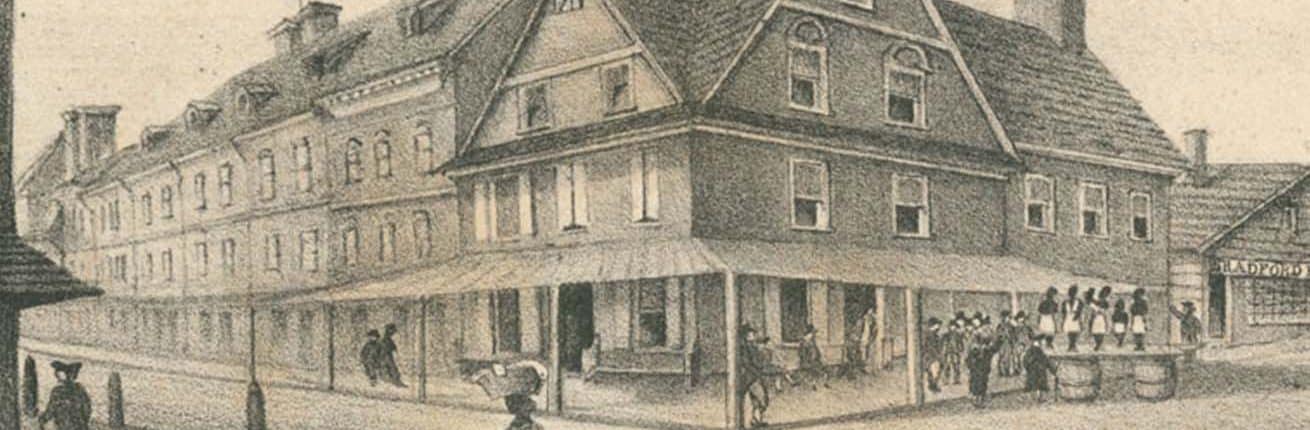 London Coffee House, lithograph by W. L. Breton (Philadelphia, 1830), showing slave auction, with advertisement.