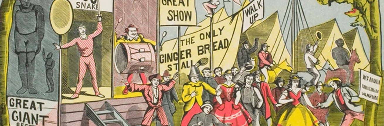 Detail of 19th century print of a circus scene. Men ride horses past tents, and performers, including a clown greet smiling, white attendees.