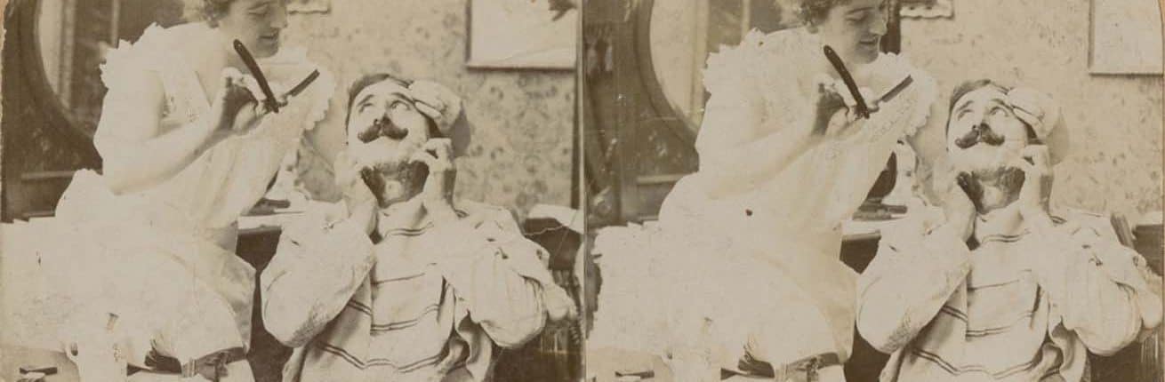 The new woman barber. Rau, William Herman (ca. 1897). Photographic print : gelatin silver on stereograph mount ; 9 x 18 cm. (3.5 x 7 in.).