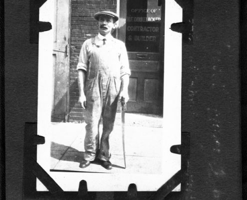 Compiled by the contractor’s son Paul, the palm-size booklet opens with a portrait of the recipient, “Old Faithful,” which is then followed by images depicting the offices, shops, yards, construction sites, completed jobs, and employees associated with Dinkelacker.