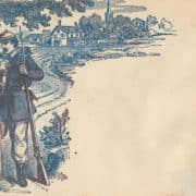 White woman weeps into handkerchief as white soldier holds her in right arm while holding rifle in left hand.