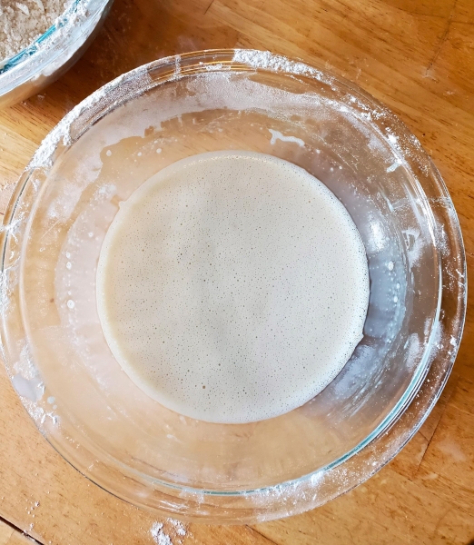 Image of all the wet ingredients for french rolls mixed together.