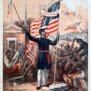 Black Union soldier holds flag, framed by scenes of Free Black domestic life, the freeing of enslaved people, and marching troops.