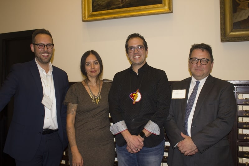 Artist Weshoyot Alvitre and Author Lee Francis 4 with Dr. Will Fenton and Edwin Wolf 2nd Director Dr. Michael Barsanti