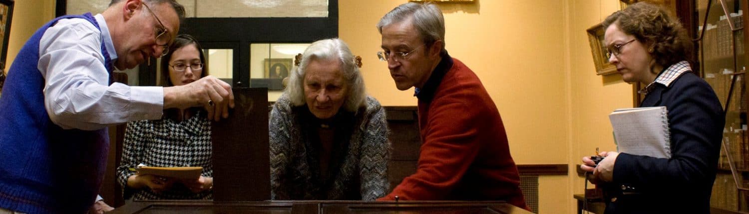 LCP shareholder Jay Robert Stiefel, LCP Curator of Art & Artifacts Linda August, LCP Trustee Beatrice Garvan, Furniture historian Adam Bowett, and Curator of the Germantown Historical Society Laura Keim examine the desk.