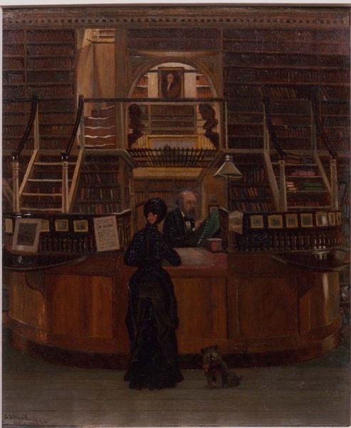 George Bacon Wood, Library Building on Fifth Street (Philadelphia, 1880). Lloyd Smith is behind the circulation desk attending to Library Company Shareholder Anne Hampton Brewster.