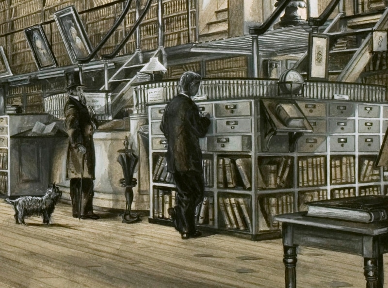 Colin Campbell Cooper Jr., View of the Interior of Library Hall on Fifth Street (Philadelphia, 1879). Gouache, watercolor, and ink drawing. Detail.