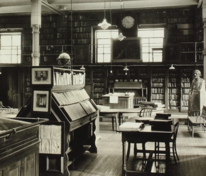 Interior of the Reading Room in the Library Company’s Juniper Street Building, early 20th century. Gelatin silver print