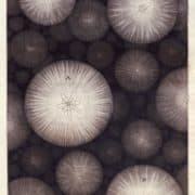 Cluster of spheres in varying sizes and with rays of light inside.