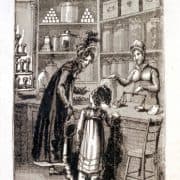 Well-dressed white woman and girl standing in a candy shop, talking in front of a white woman clerk weighing merchandise.