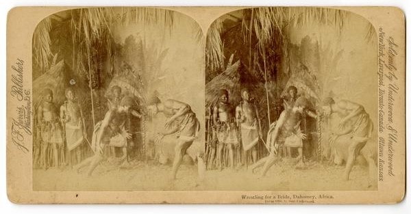 John Fillis Jarvis, Wrestling for a Bride, Dahomey Africa (Washington, D.C.: J. F. Jarvis, ca. 1894). Albumen on card mount (stereograph format). Gift of John Serembus.