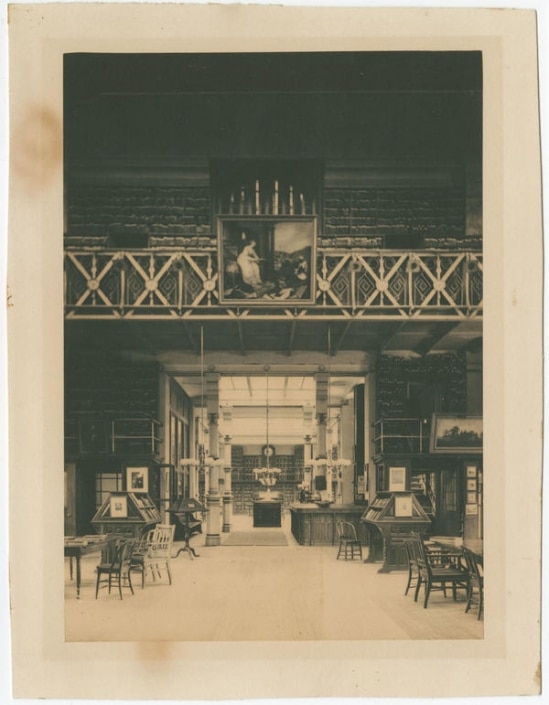 Interior of Library Company of Philadelphia, Locust Street Branch, ca. 1885. Platinum print in Library Company of Philadelphia scrapbook, ca. 1865-ca. 1971.