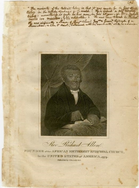 Rev. Richard Allen, founder of the American Methodist Episcopal Church, in the United States of America, 1779.