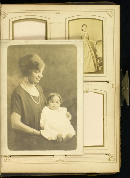 Portrait photograph of Cordelia Chew Hinkson and her daughter Cordelia Hinkson Brown inserted before page 32 of Stevens-Cogdell/Sanders-Venning Family Photograph Album, ca. 1860-1925.